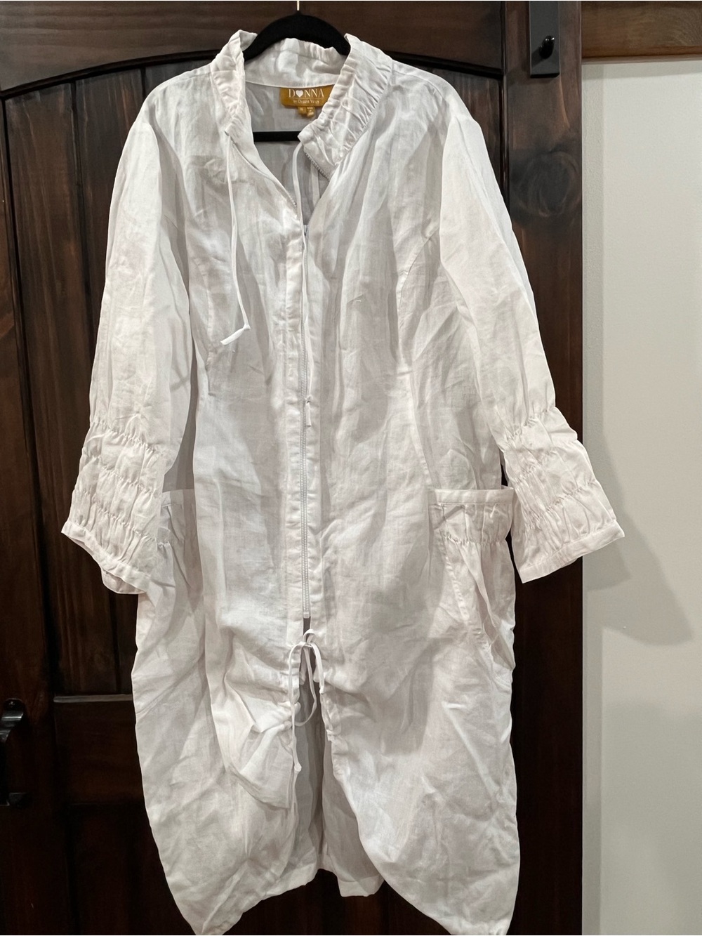 Donna by Donna Vinci White 100% Ramie Zip Front Drawstring Tunic Jacket XL
